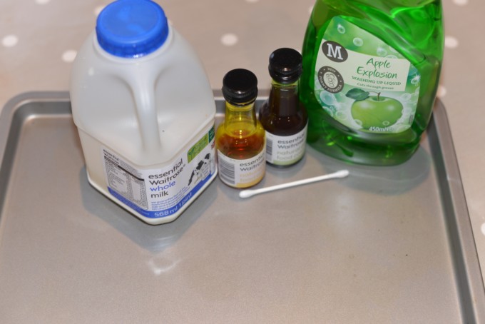 Materials needed for a magic milk experiment