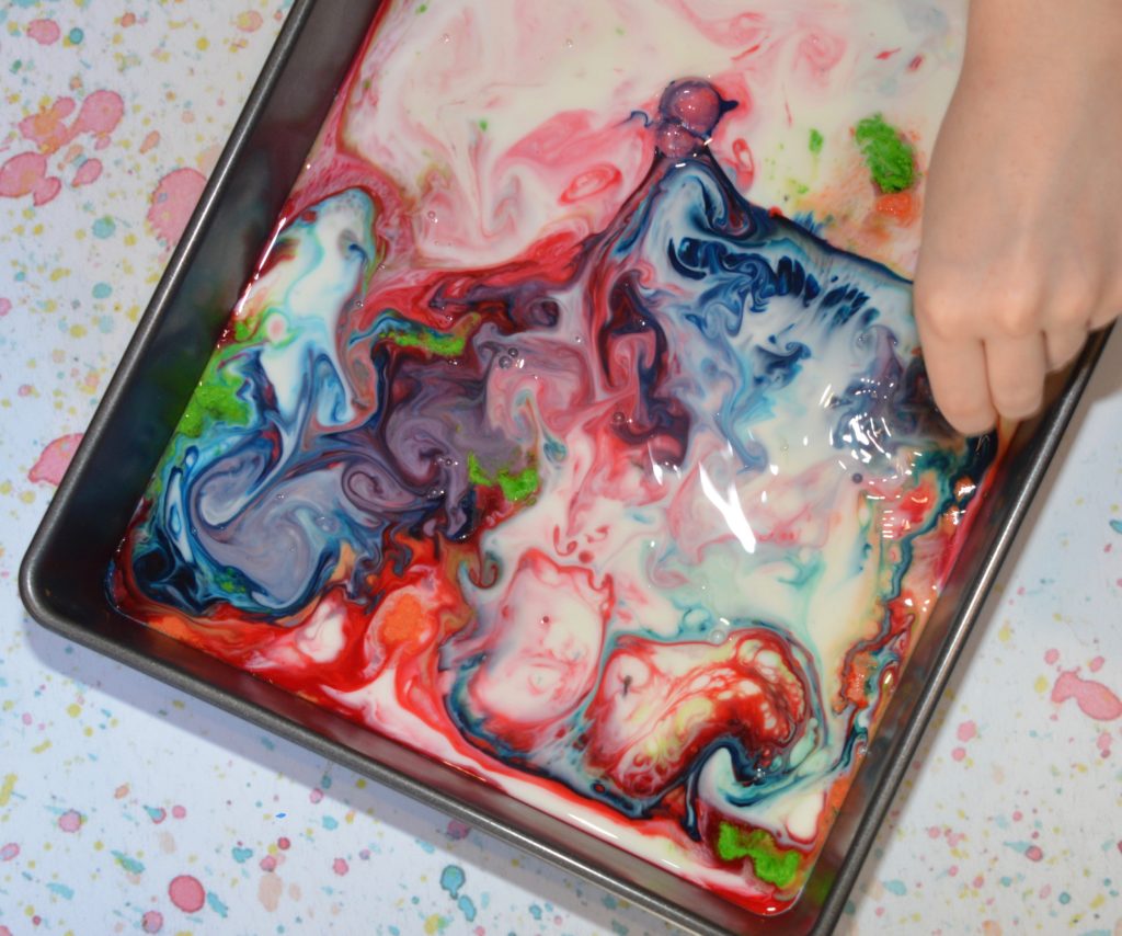 food colouring patterns on a layer of milk for a magic milk experiment