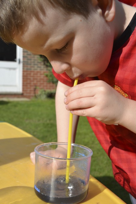 boy blowing into red cabbage indicator to make it change colour