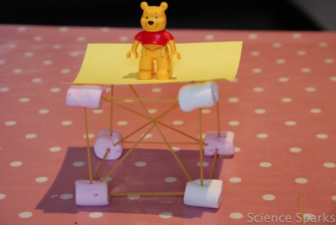 marshmallow and spaghetti structure with a DUPLO winnie the pooh character on top.