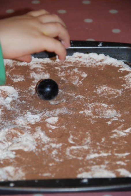 a tray of flour and coca powder for learning how craters form