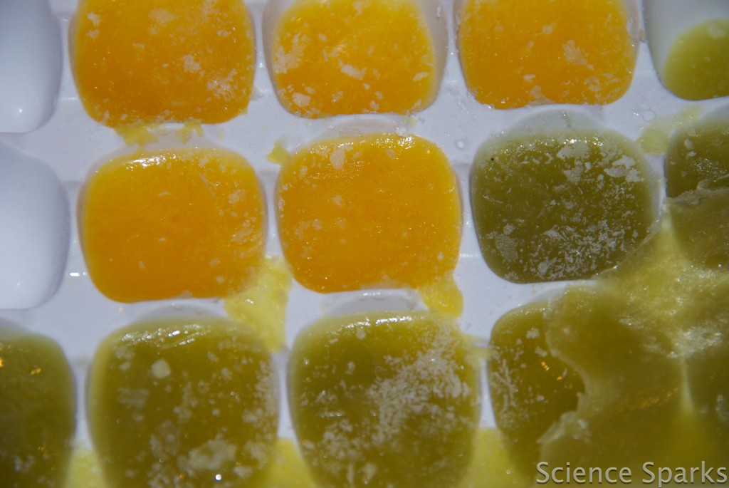 juices frozen in an ice cube tray