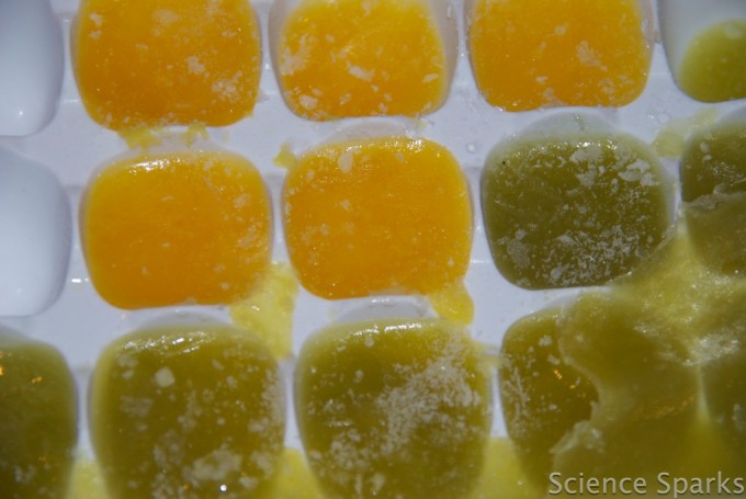frozen smoothie in an ice tray seen from above - edible science for kids