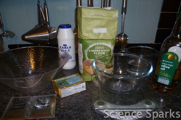 flour, salt, yeast and bowls for a bread making science activity