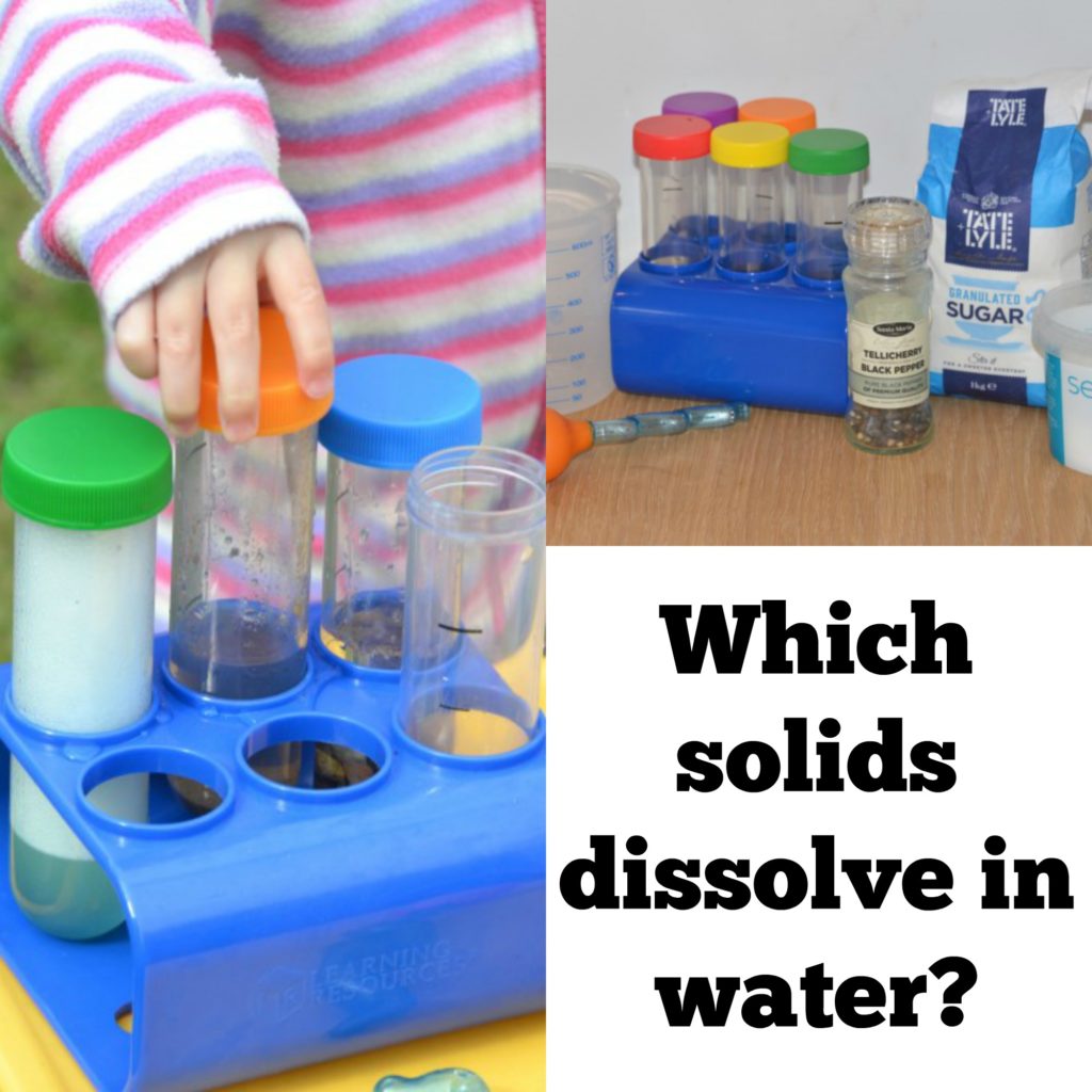 test tubes and sample materials to find out Which solids dissolve in water - science for kids