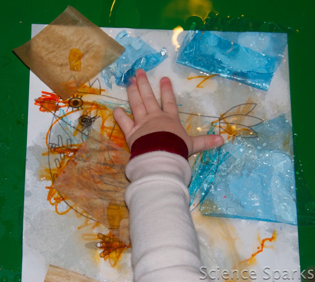 DSC_6251 chicken image printed on paper with lots of different materials over the top for a science investigation