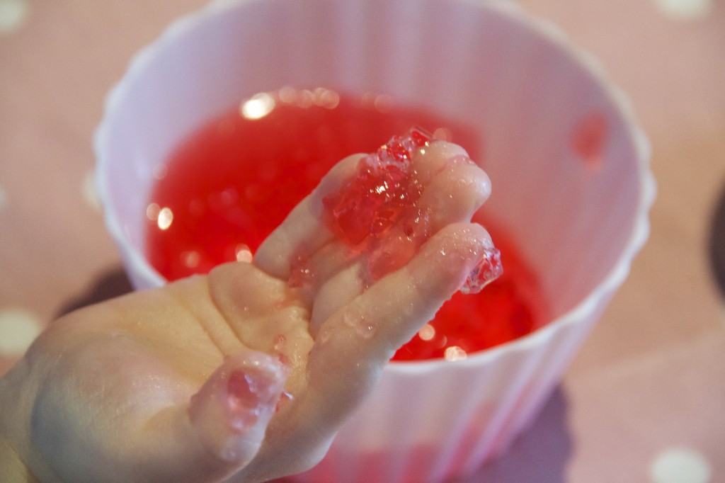 Jelly in a child's hands for a jelly and pineapple investigation. Why does pineapple stop jelly setting?