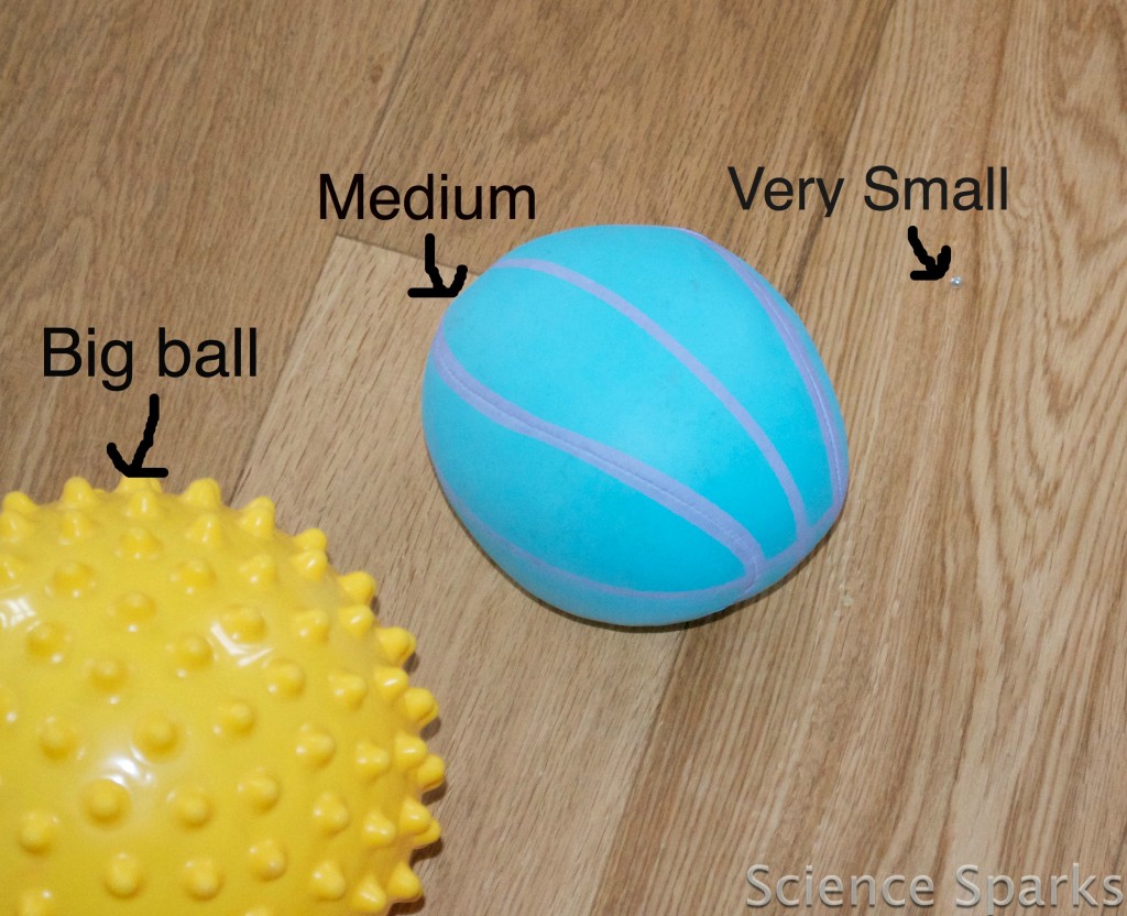 three different size balls for a science experiment