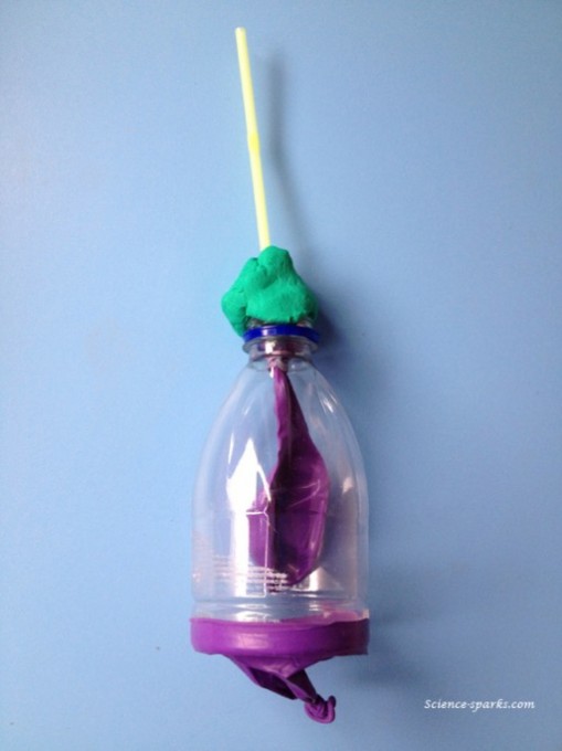 Fake lung made with a plastic bottle, straw and balloons