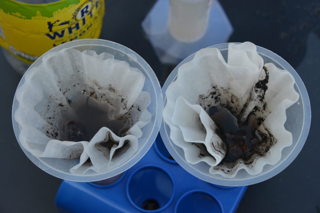 Water filter science experiment using a funnel, filter paper and stones