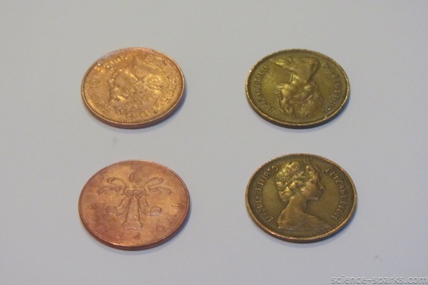 Coins cleaned with vinegar compared with coins not cleaned with vinegar