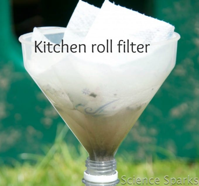 kitchen roll in a plastic filter for a science activity about filtering