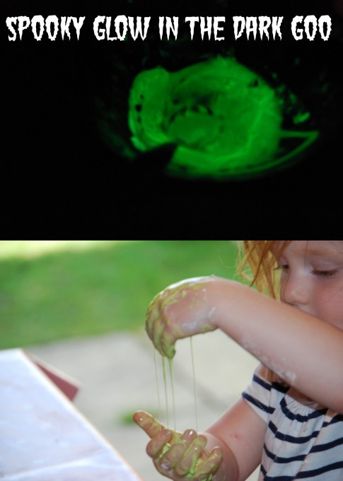 Small child playing with oobleck containing glow in the dark paint.