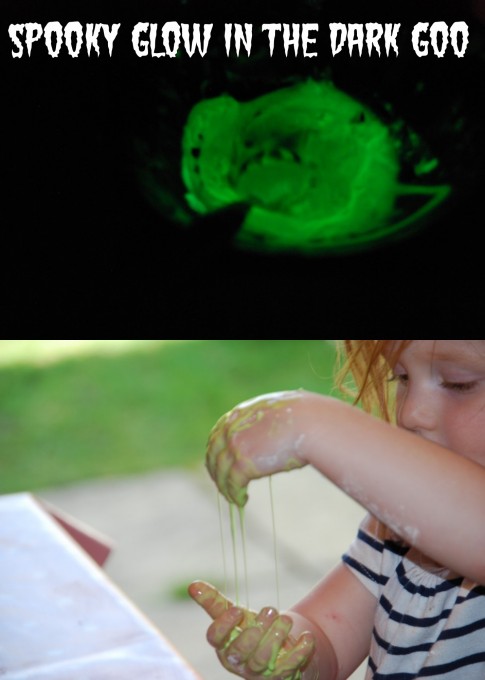 Small child playing with oobleck containing glow in the dark paint.