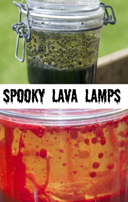 spooky lava lamps made with coloured water and vegetable oil for a Halloween science activity