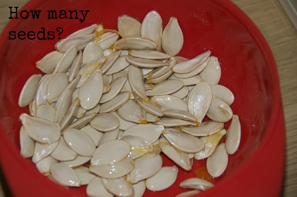 Pumpkin seeds in a red bowl