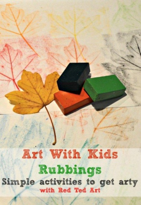 leaf rubbings craft for kids, image shows leaf rubbings and crayons