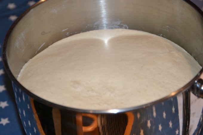 Pizza dough in a silver bowl for a respiration activity.