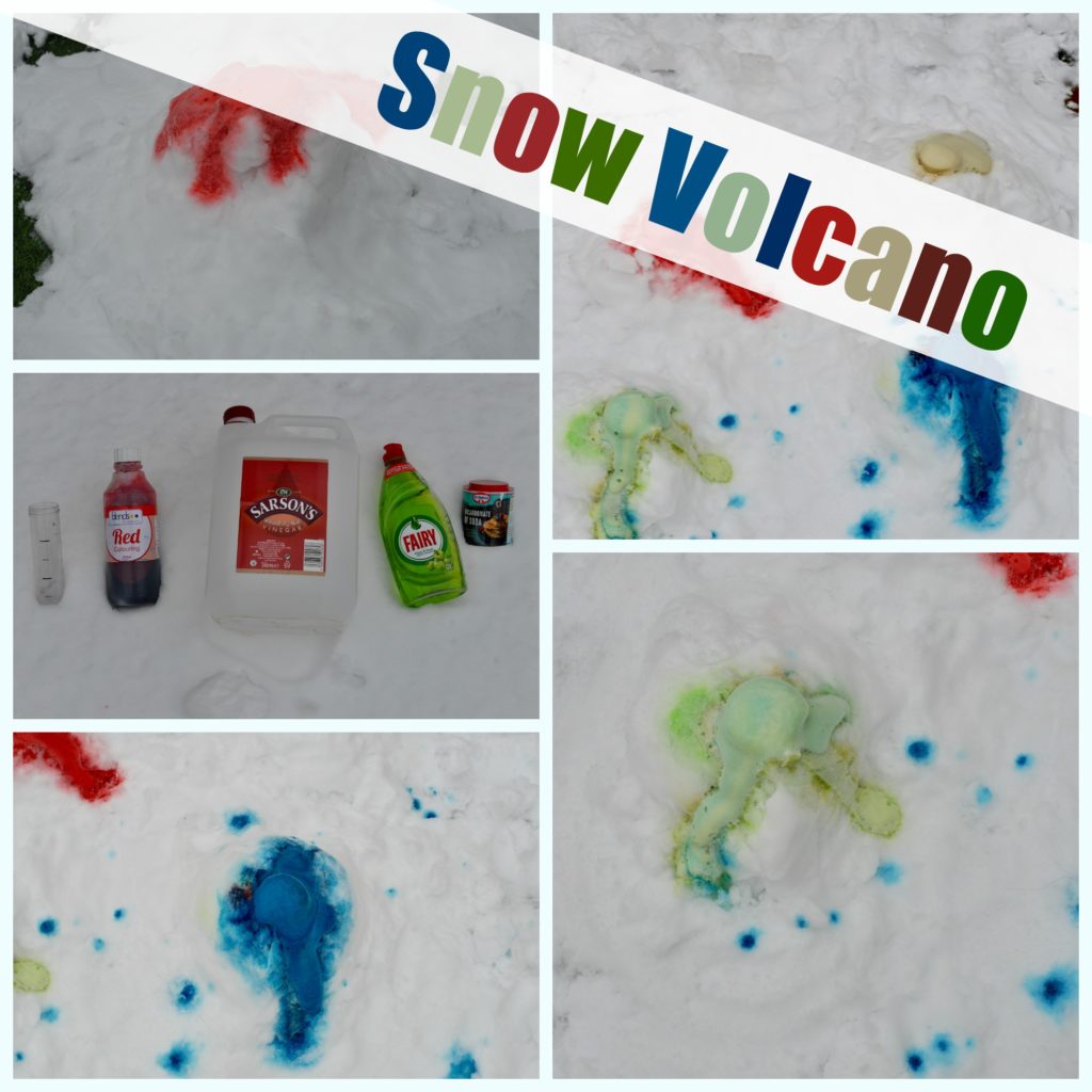 Snow Volcano - multicoloured snow volcano made using snow, food colouring, baking soda and vinegar