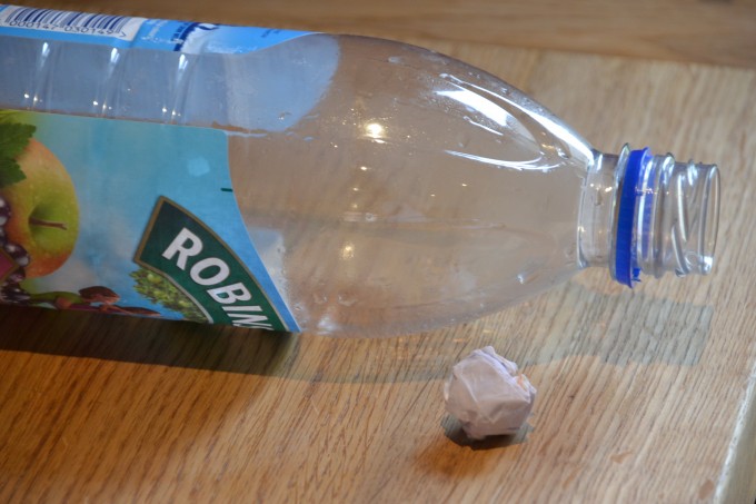 Plastic bottle and a ball of paper to demonstrate Bernoullis Principle