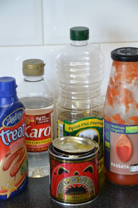 ice cream syrup, oil, passata as ingredients for a viscosity experiment for kids