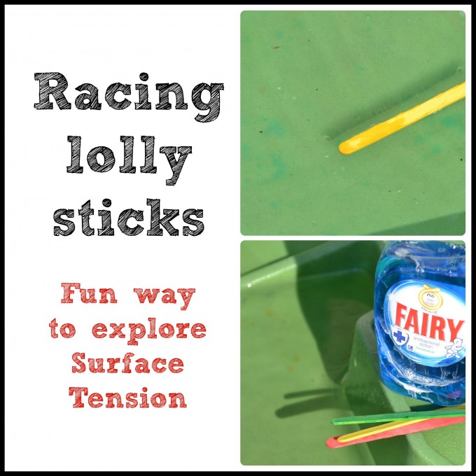 surface tension science activity. Image shows coloured lolly sticks floating on water and a container of washing up liquid