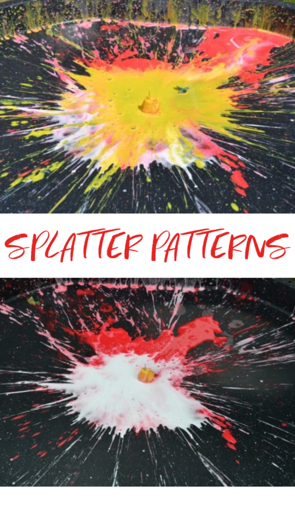 Splatter Patterns - Fun messy science activity for kids. Drop paint filled water balloons and observe the splatter pattern #scienceforkids #splatterpatterns #messyscience