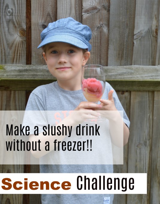 child holding a frozen smoothie drink made as part of a science experiment
