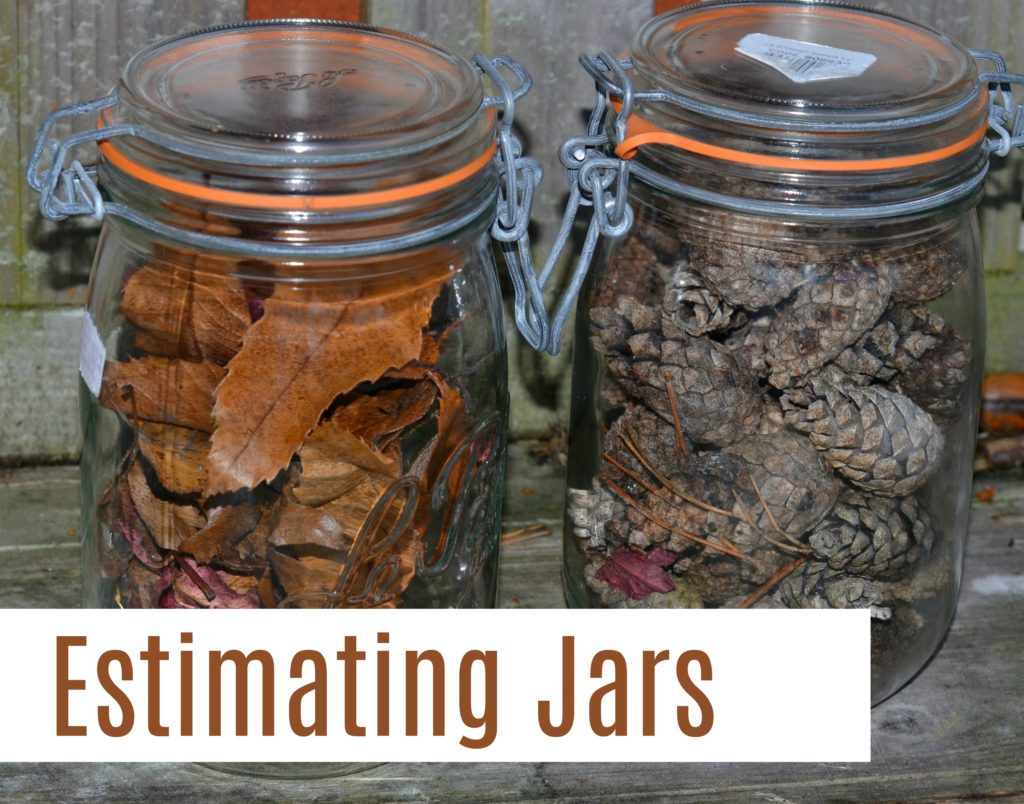 Autumn Estimating Jars, jars filled with leaves and pinecones for an estimating activity