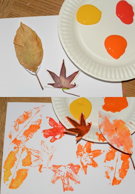 leaf printing. Image of red, orange and yellow prints made with leaves