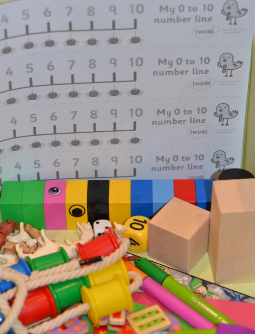 Image of blocks, dice and cotton reels in a box