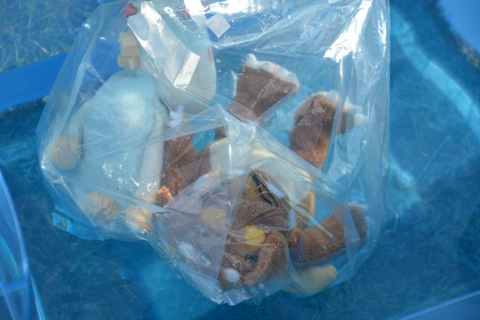 soft toys under water in a plastic bag for a waterproofing experiment