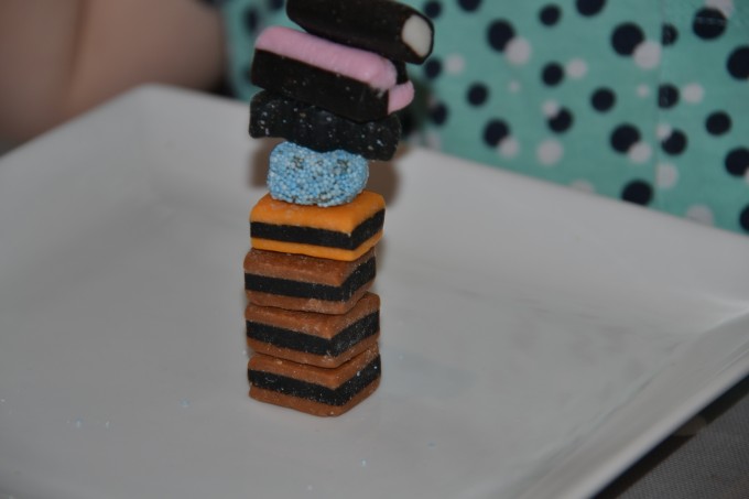 Super simple candy tower built with liquorice allsorts 