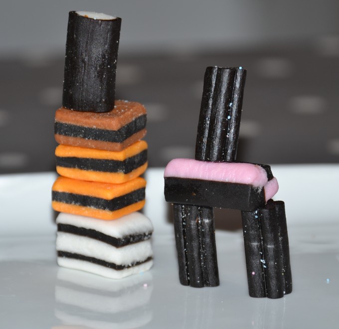 Candy towers made with liquorice allsorts