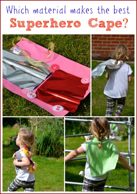 superhero science experiment - images of a child wearing superhero capes made from different materials