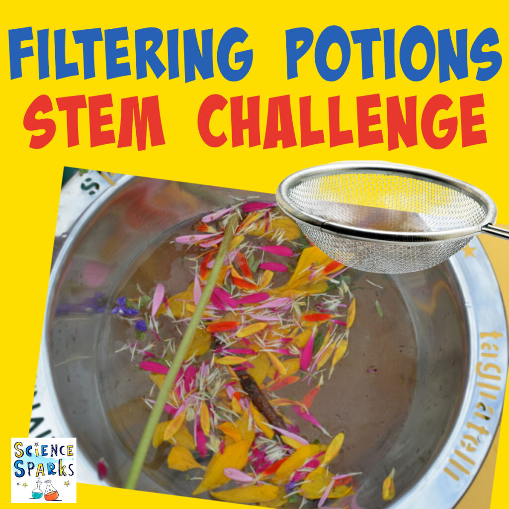 a sieve, flower petals and water for a filtering STEM challenge