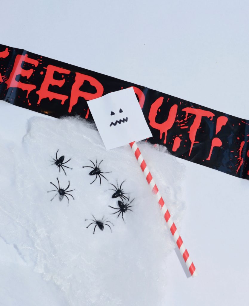 Easy Halloween optical illusion craft, image shows plastic spiders and an optical illusion made with cardboard and a straw