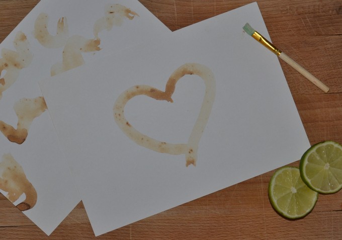 a lemon juice heart on a piece of paper for an invisible ink activity