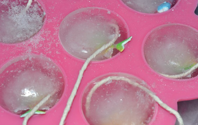 ice experiment for kids - toy fish frozen in an ice cube tray