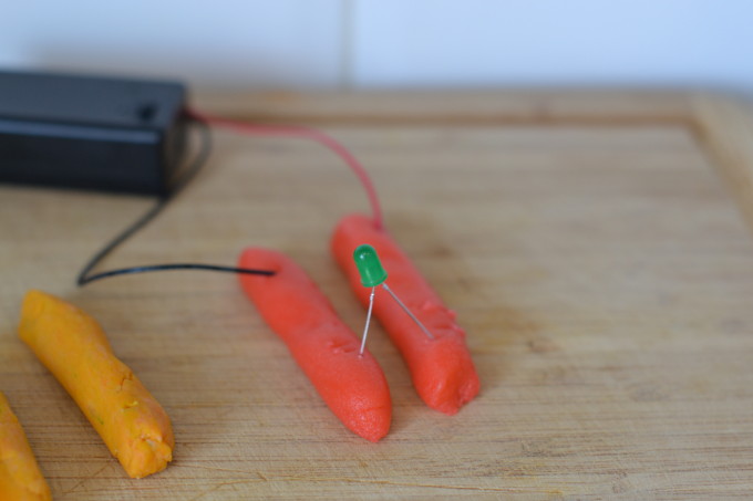 conductive play dough connected by an LED