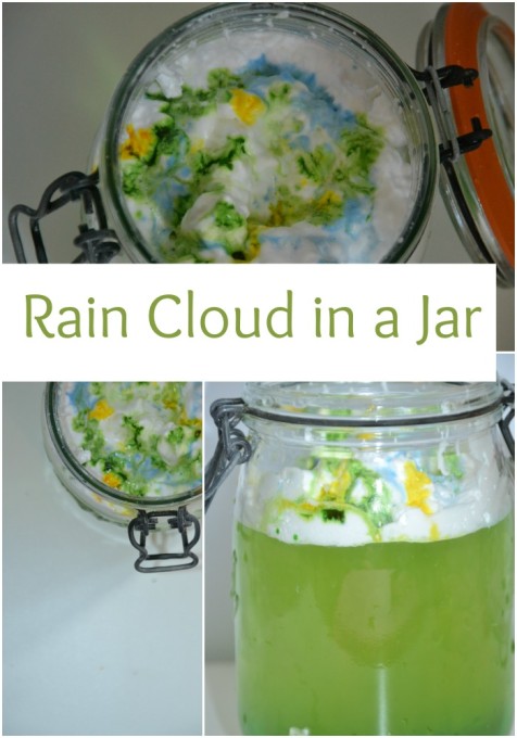 Rain cloud in a jar science experiment. Jar ⅔ full of water with shaving foam on the top. Food colouring is dripped through the shaving foam to represent rain.