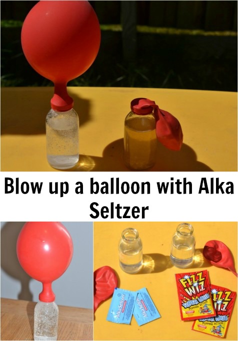 Collage of balloons being blown up with alka seltzer and pop rocks. Fun chemistry for kids