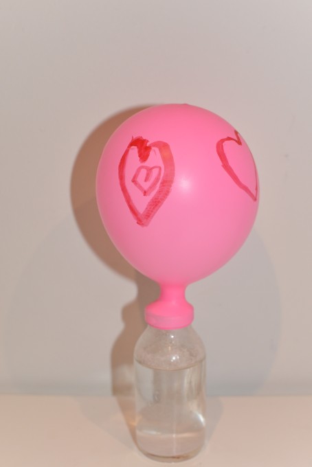 Un globo rosa con un corazón dibujado encima de un pequeño recipiente de vidrio que contiene algas y agua para un experimento científico de San Valentín.