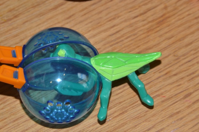 A plastic bug in children's tweezers for a Darwin's Finches Investigation 