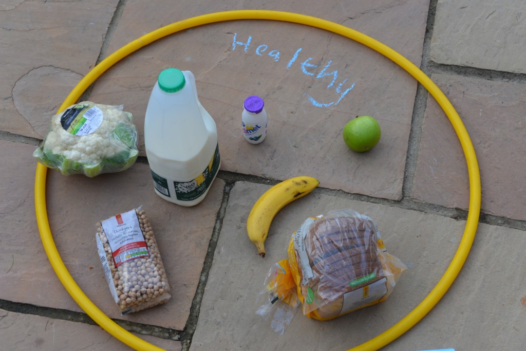 healthy food sorting with a hula hoop - kitchen science for kids
