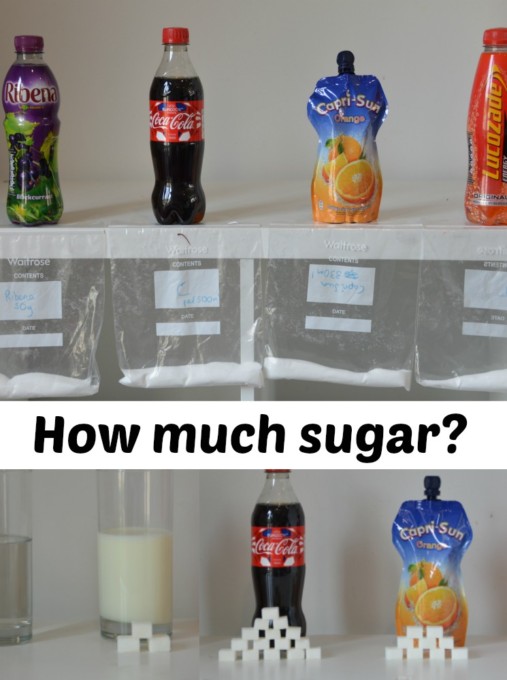 selection of drinks with the amount of sugar they contain represented by sugar cubes