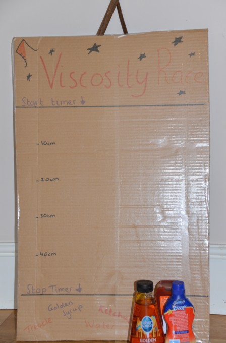 homemade viscosity ramp made from cardboard covered in contact paper.