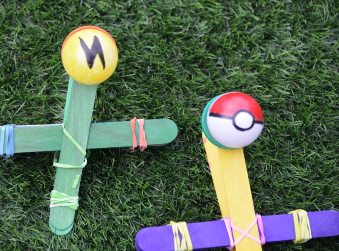 Pokemom craft stick catapults for a science challenge