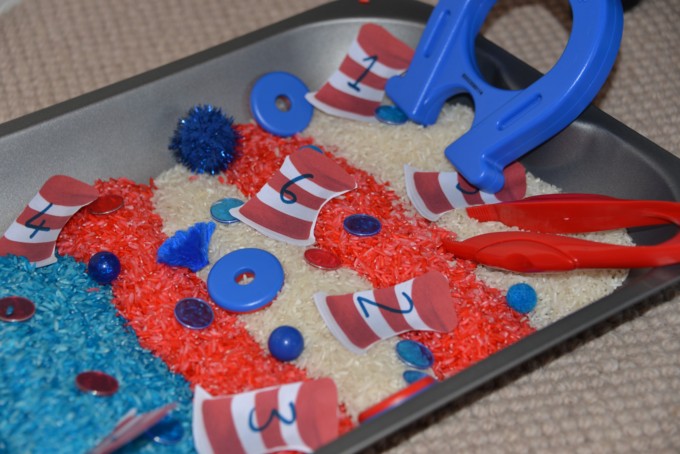 Cat in the hat sensory tray