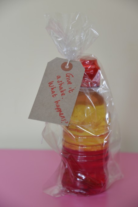 Small density jar made from coloured water and vegetable oil in a plastic bottle for a science challenge